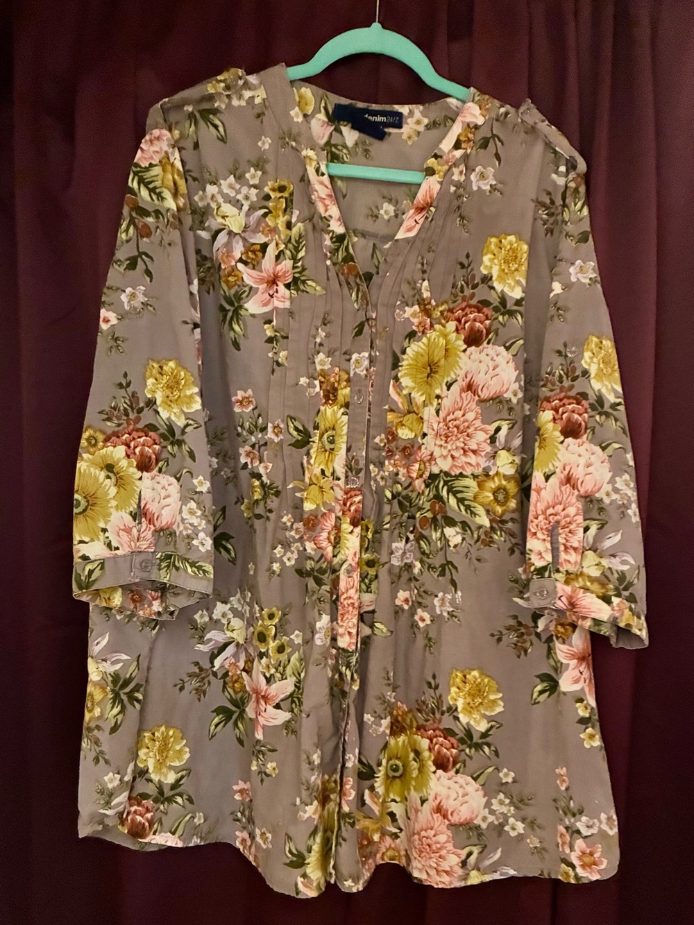 Denim 24/7 Floral Button-Front Tunic in Gray with Pink & Yellow Flowers